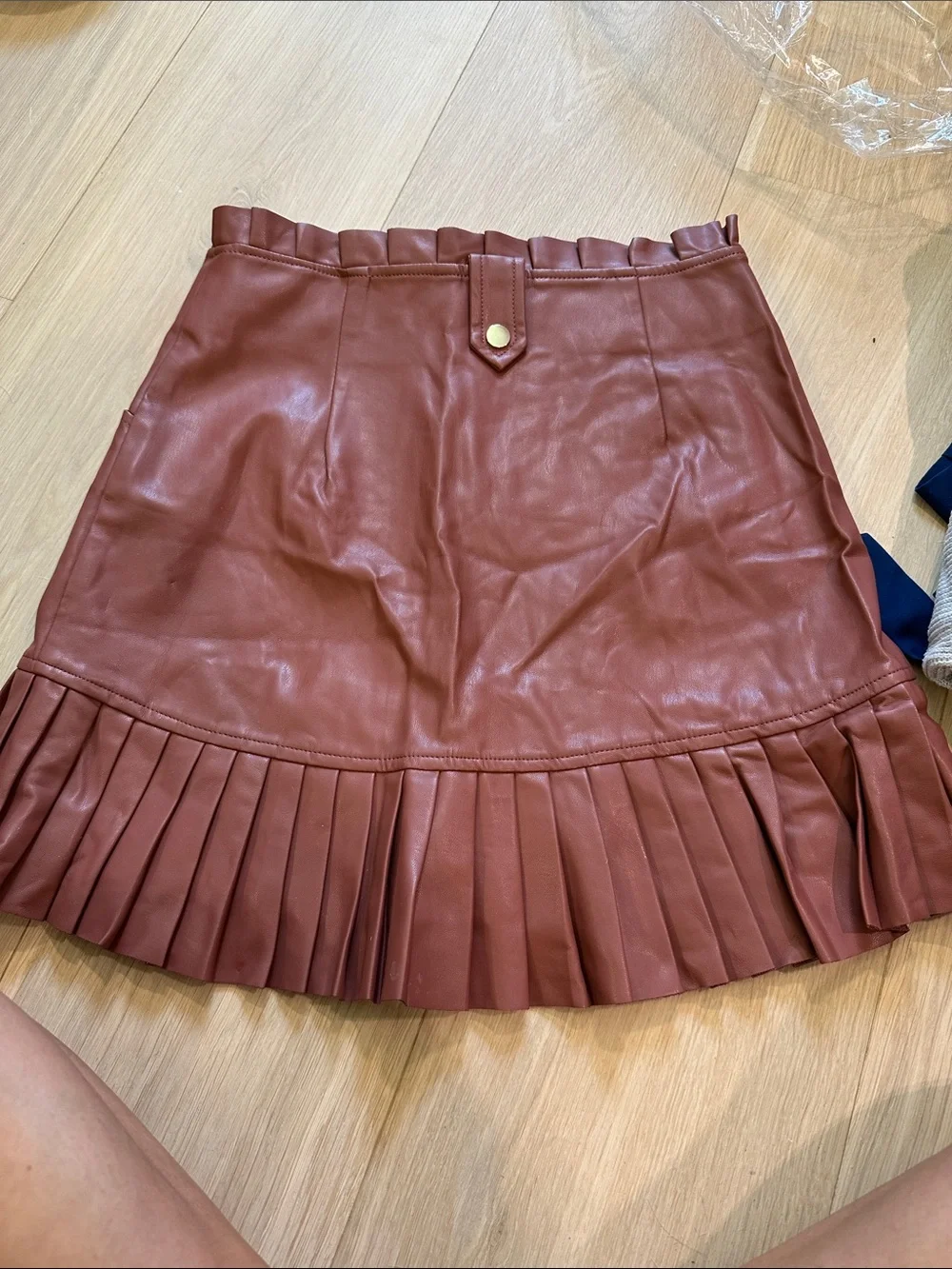 Zara Rust Faux Leather Pleated-Hem Skirt